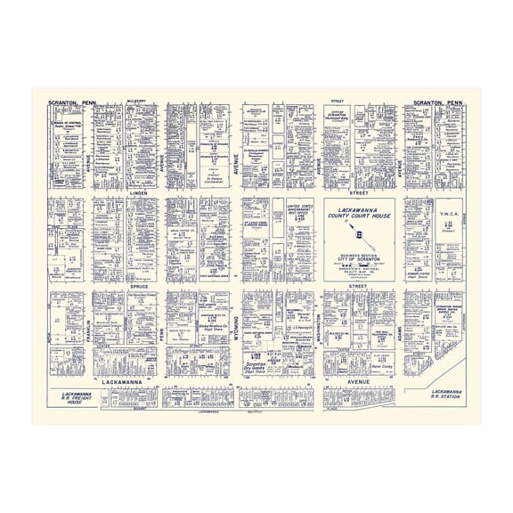 Scranton Art, 1950 Vintage Map of Downtown Scranton Pennsylvania, PA History Wall Decor Gift, Old Scranton Map - 36" x 24" Unframed Print