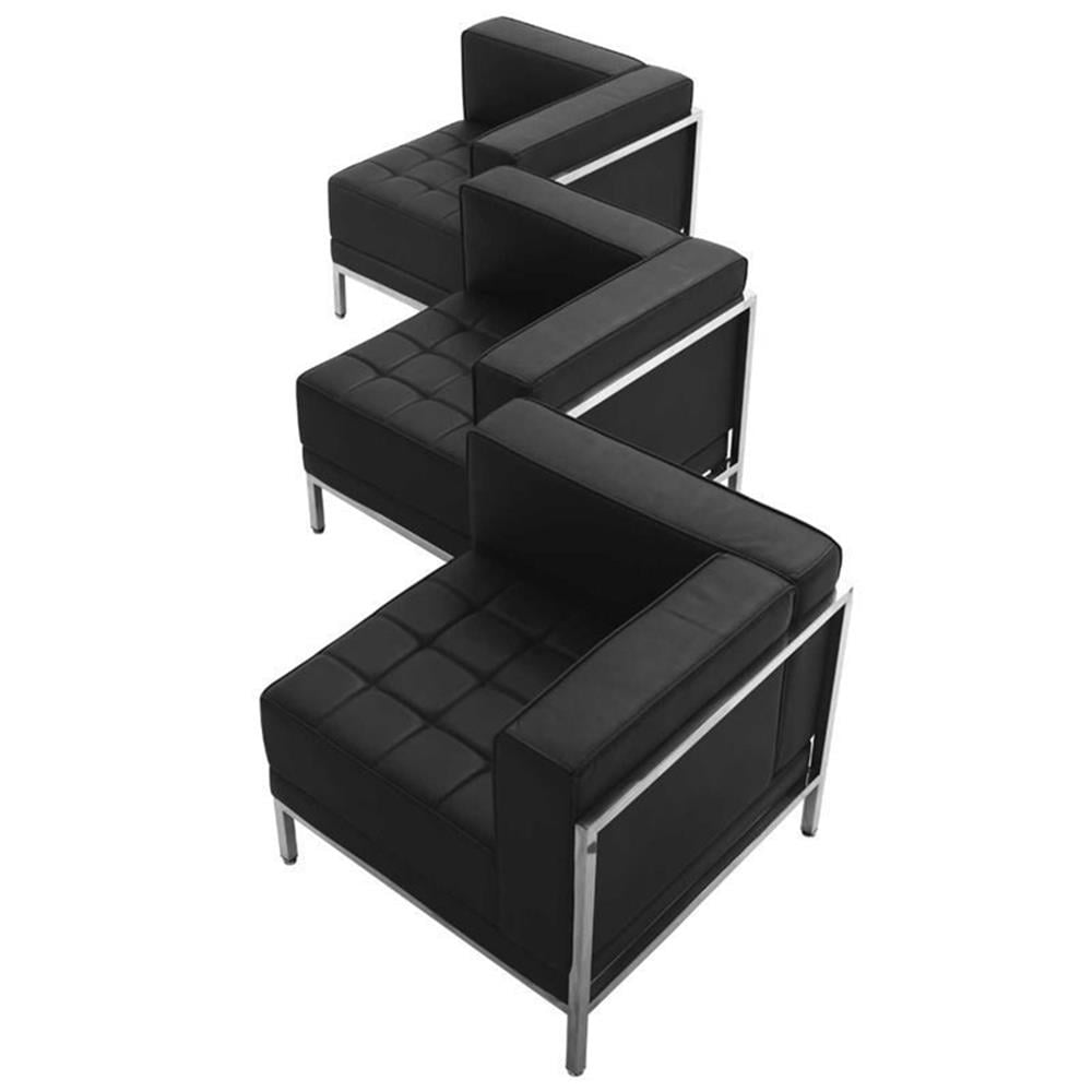 Black Leather 3-Piece Modular Reception Sofa Set with Stainless Steel Legs
