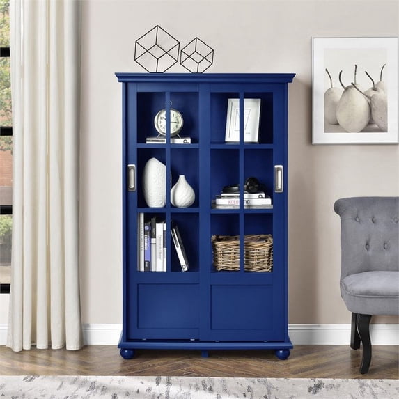Scranton & Co 4 Shelf Bookcase with Sliding Glass Doors in Navy
