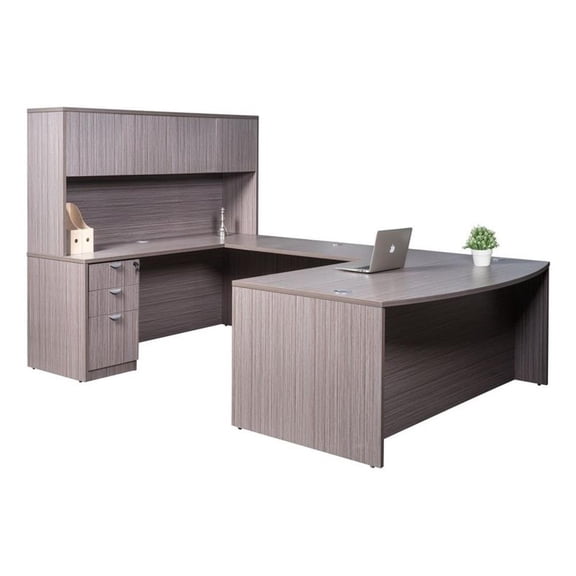 Scranton & Co 71" U-Shaped Curved Bow Desk with File Storage in Driftwood