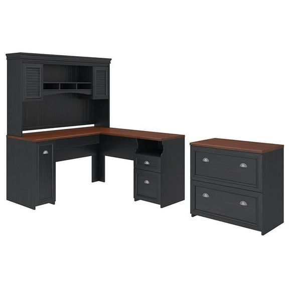 Scranton & Co Furniture Fairview L Desk with Hutch & File Cabinet in Black
