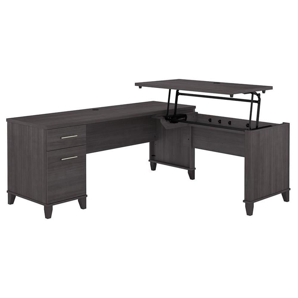 Storm Gray 71'' Wood L-Shaped Sit to Stand Desk with Drawers
