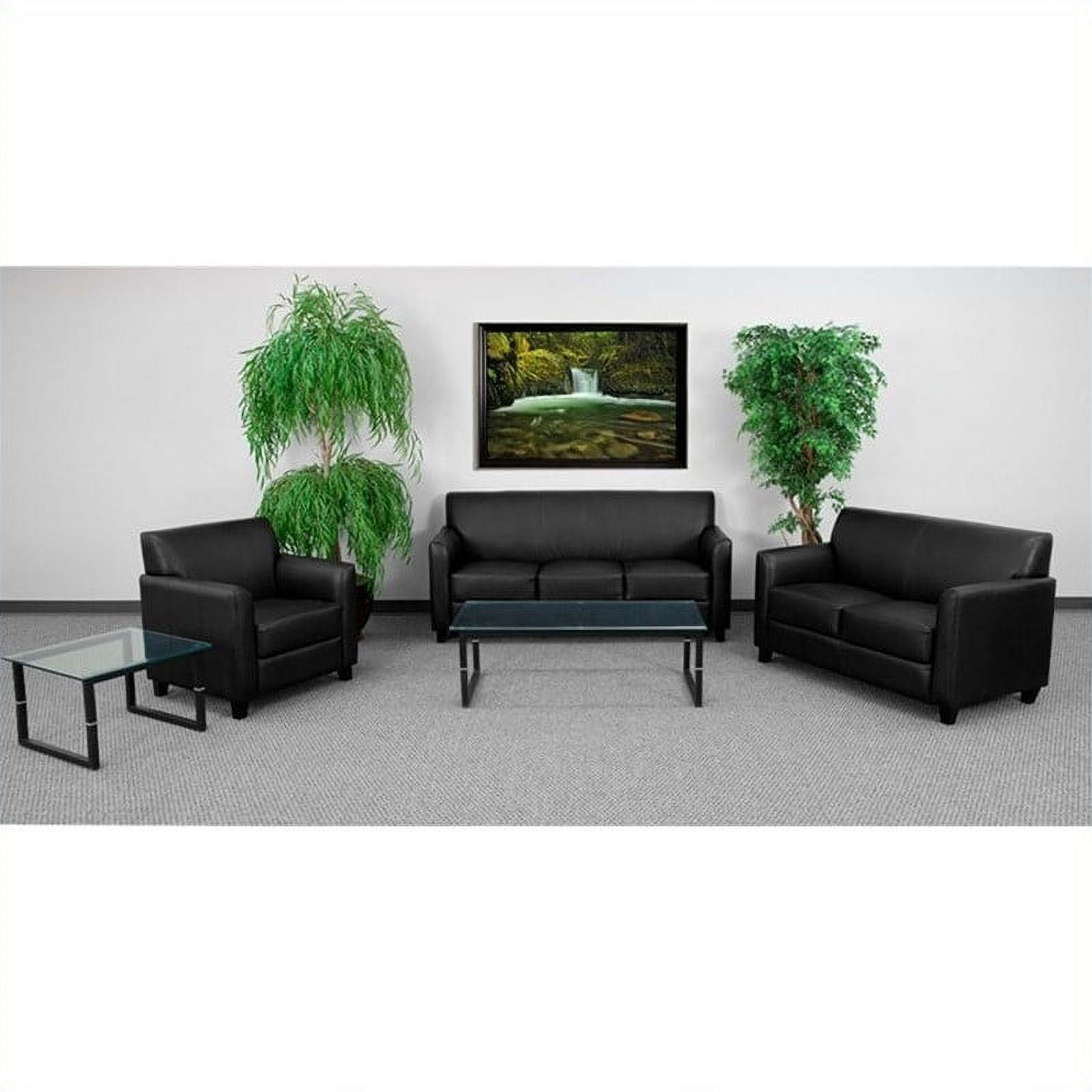 Black Leather Reception Set with Flair Arms and Wood Feet