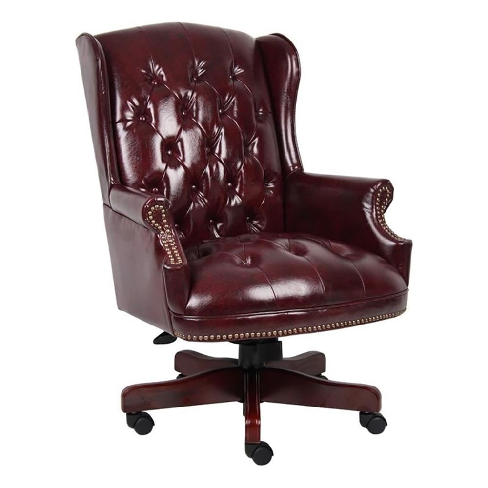 Red High Back Faux Leather Executive Chair with Mahogany Finish