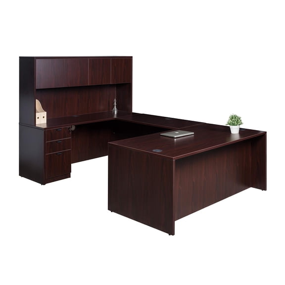 Scranton & Co Wood U-Shape Desk Credenza with Pedestal and Hutch in Mahogany