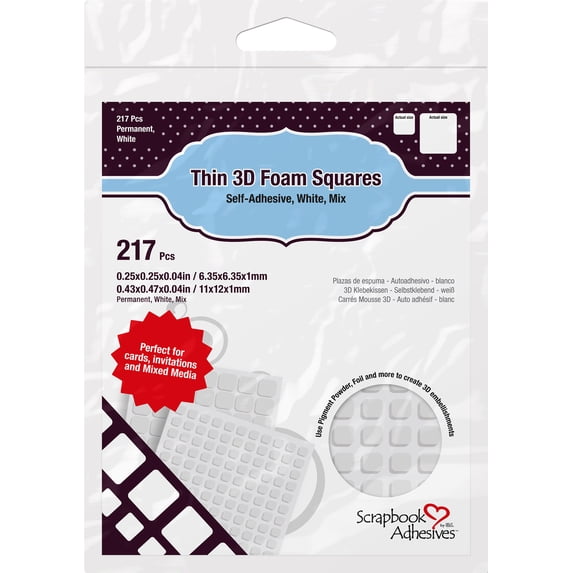 Scrapbook Adhesives Thin 3D Adhesive Foam Squares 217/Pkg-White (63) .43"X.47" & (154) .25"X.25"
