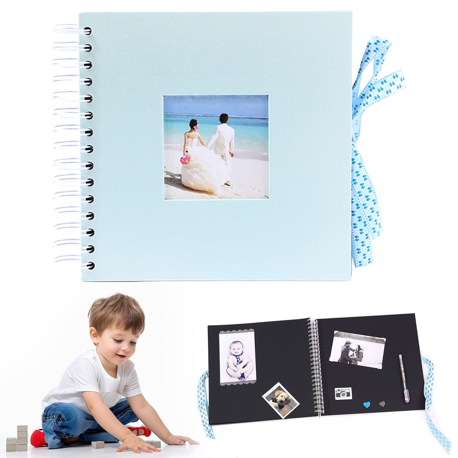 Scrapbook Album, 8 x 8 Inch Spiral Bound Photo Creative Bow DIY Photo Album Ribbon Memory Book DIY Craft Scrapbook for Boyfriend Wedding Baby Travel Anniversary Family (Light Blue)