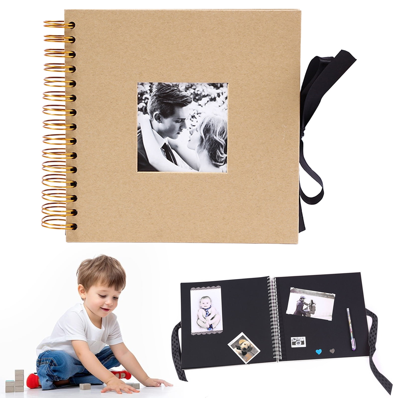 Scrapbook Album, 8 x 8 Inch Spiral Bound Photo Creative Bow DIY Photo Album Ribbon Memory Book DIY Craft Scrapbook for Boyfriend Wedding Baby Travel Anniversary Family (Khaki)