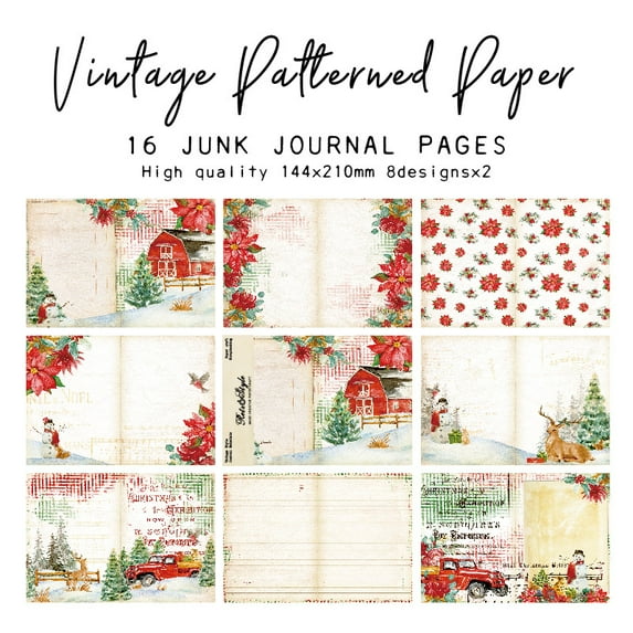 Scrapbook Paper 16 Sheets, A5 Size Single Sided Scrapbooking Paper Collage for Vintage Crafts Junk Journal Supplies Holiday Decor