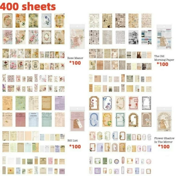 Scrapbook Paper, 400 sheets Of Journaling Supplies For Vintage Crafts Planner Bullet Junk Journal Supplies Mixed Media Collage Card Album Embellishments