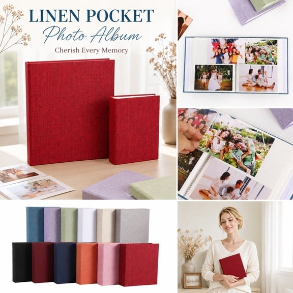 Scrapbook Photo Album, 9X7 Inch Wedding Album Book, 200 Pockets Orange Linen Cover Wedding Scrapbook, Anniversary Gift for Parents, 2 Side-By-Side Pockets Per Page Organizes