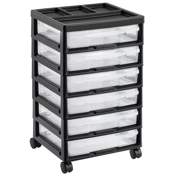 Scrapbook Rolling Storage Cart with 6 Clear Plastic Cases – 6-Tier Mobile Organizer, Black