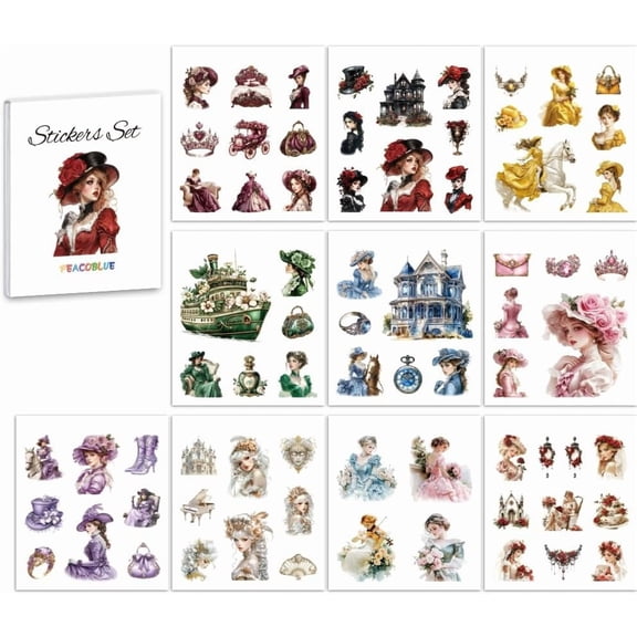 Scrapbook Sticker Book Pack DIY for Junk Journaling Supplies Planner 10 Sheet European Girl Pre-Cut Aesthetic Stickers Set Gift DIY for DIY Crafts Arts Decor Laptop Women Adult