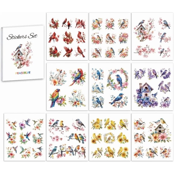 Scrapbook Sticker Book Pack for Journaling Supplies Planner 10 Sheet Bird and Flower Pre-Cut Aesthetic Stickers Set Gift for DIY Crafts Arts Decor Laptop Women Adult