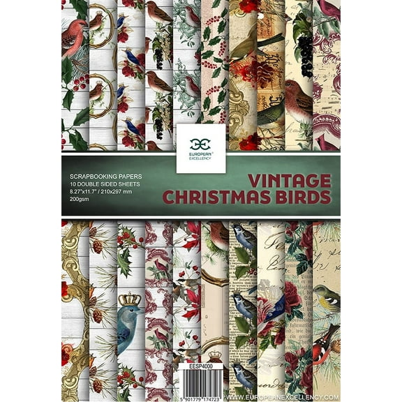 Scrapbooking Paper VINTAGE CHRISTMAS BIRDS 10 Double Sided Sheets 8.25 x 11.75, Craft Paper, Decoupage Paper, Decorative Paper, Vintage Paper