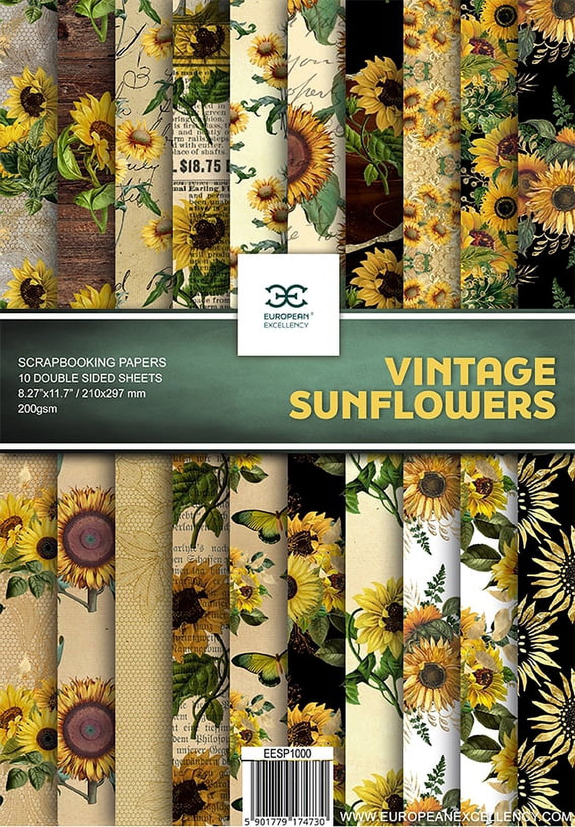 Scrapbooking Paper VINTAGE SUNFLOWERS 10 Double Sided Sheets 8.25 x 11.75, Craft Paper, Decoupage Paper, Decorative Paper, Vintage Paper