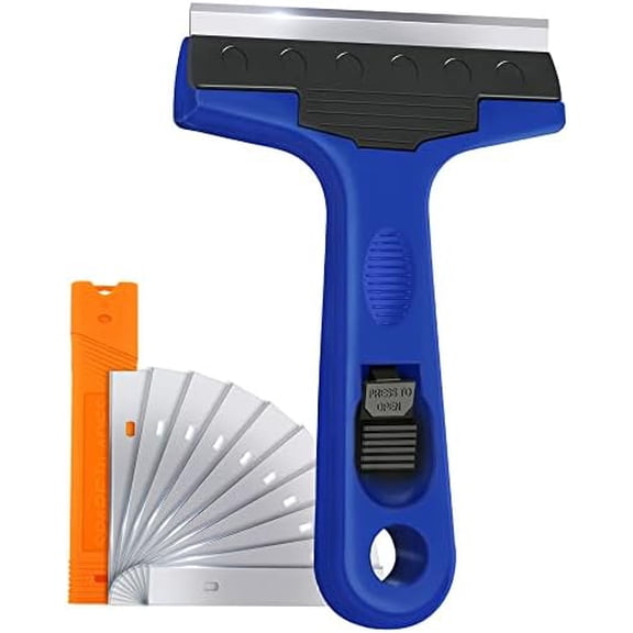 Razor Blade Scraper, 4" Scraper Tool with 10 Extra Replacement Metal Blades, Razor Scraper Remover for Cleaning Paint, Caulk, Adhesive, Label, Decal, Sticker from Window, Glass, Tile, Floor