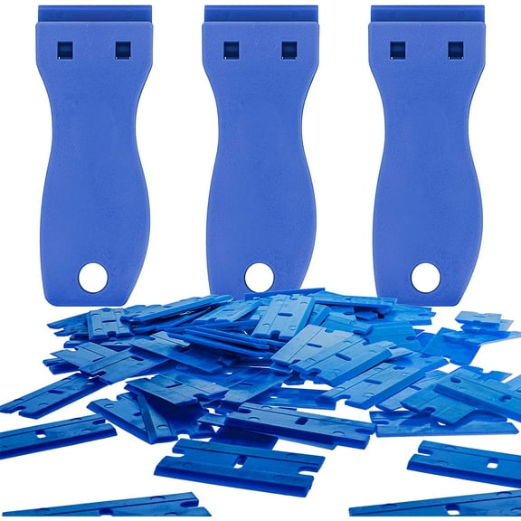 Scraper Set with 100 Piece Double Edge Plastic Razor Blades and (3) Scraper Tool Utility Knife Holders for Glass, Removing Labels, Stickers and Detail Window Film Graphics