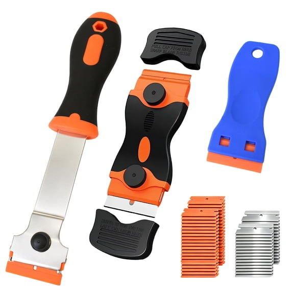 Scraper Tool Set, Multi-Purpose Razor Blade Scrapers with 30 Plastic & 50 Metal Blades, for Glass, Cooktop, Sticker & Paint Removal