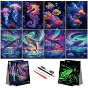 Scratch Art Adult DIY Paint by Scratch Rainbow Scratch Paper Art Colorful Sketches Scratch with 5 Scratch Tool for DIY Craft GiftA4-Noctilucent Whale + Sea World