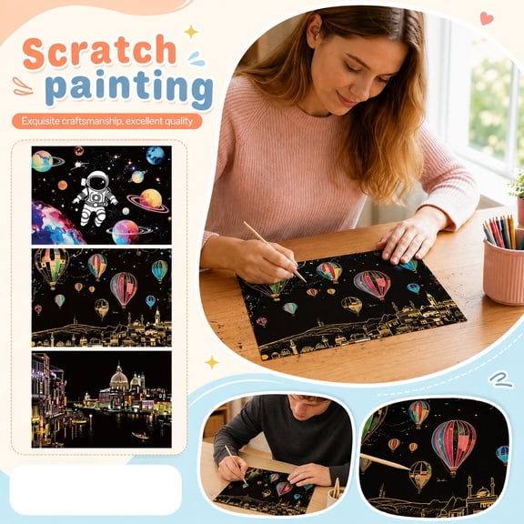 Scratch Art Kit, Kids Christmas Gifts, Art Supplies for Student 9-12, Kids Art Supplies, Kids Activities, 12X8 Inch Hot Air Balloon Night City Design Scratch Art Board with 1