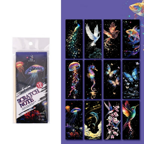 Scratch Art Paper Set for Kids Adults, Magic Scratchboard Crafts Kit, Rainbow Drawing Painting Supplies, Stress Relief Creative Activity, Animal Insect Jellyfish Bird Designs, Engraving Art Gift