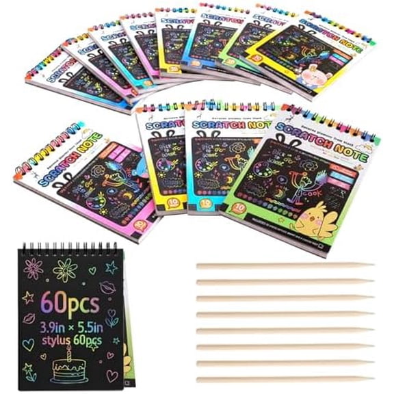 Scratch Art Party Favors for Students, Rainbow Scratch Notebooks, Birthday Goodie Bag Stuffers, Classroom Prizes Bulk Craft Supplies Return Gifts for Classmate (60Pcs Rainbow Scratch Art Notebooks)