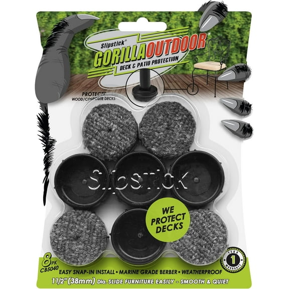Don't Scratch Your Deck Gorilla Outdoor 1-1/2 Inch Patio Furniture Feet Caps (8 Pack) Floor Protecting Replacement Feet Glides for Metal Outdoor Furniture, Weatherproof Berber Sliders