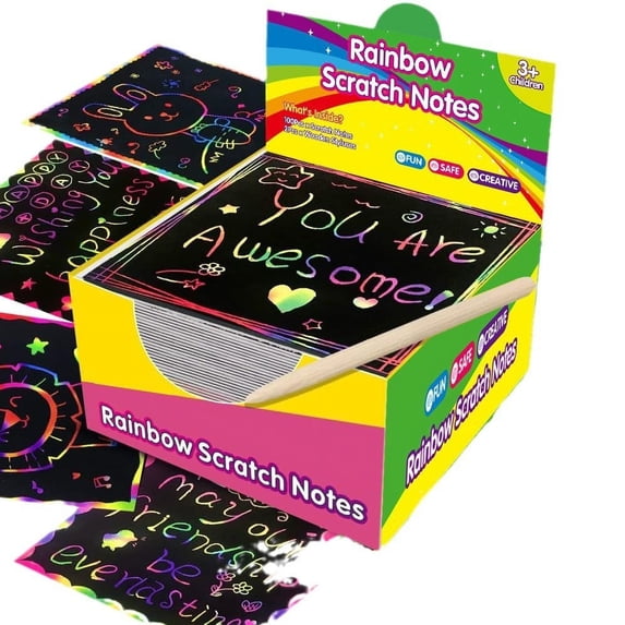 100 Pcs Scratch Off Craft Kit for Kids - Color Drawing Note Pad Supplies for DIY Party Activities Easter Halloween and Christmas Games