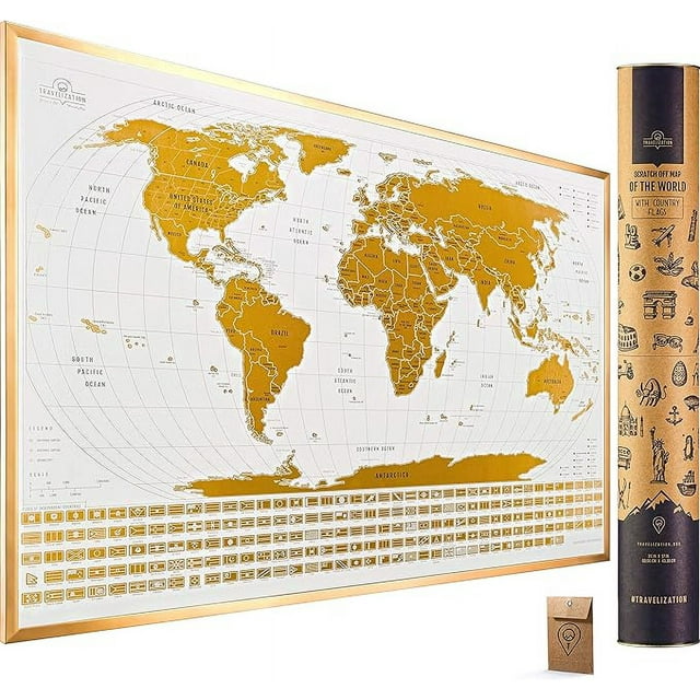 Scratch Off Map of The World with Flags 24 x 17 Easy to Frame Scratch