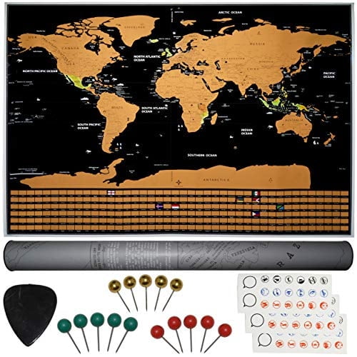 Scratch Off World Map, 32" x 23" Topographic Map Poster with Countries Flags, Pins, Scratching Pick, and Memory Stickers