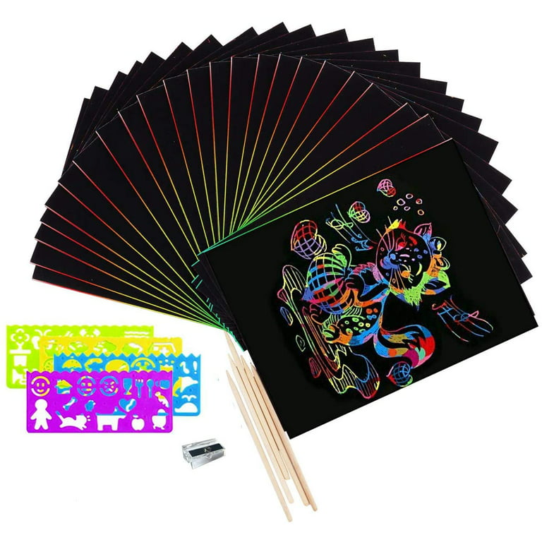 Scratch Paper Art , 50 Sheets 16K 10.2 x 7.5 Rainbow Scratch Art for Kids,  Black Magic Scratch Off Painting Color Paper Crafts with 5 Wooden Stylus  and 4 Draw…