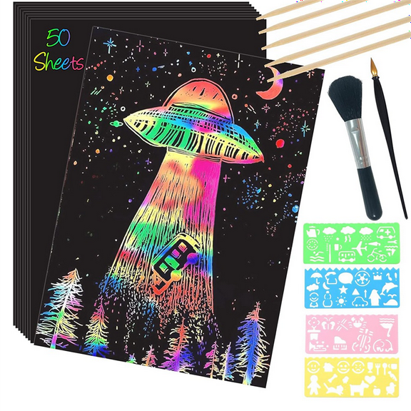Scratch Paper Art Set,50 Sheets 8x11in Rainbow Coated Scratchboard Large Scratch Paper with Wooden Styluses and Stencils