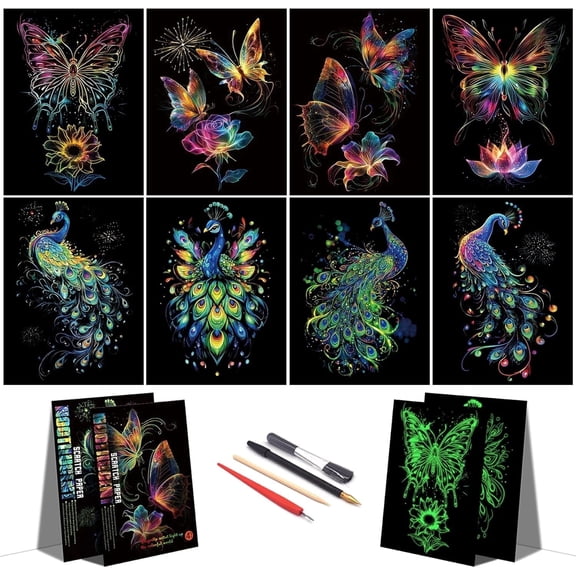 Scratch Paper Art Set for Kids Adults Magic Rainbow Scratchboards for DIY Arts and Crafts Kits Christmas Birthday Gift with Scratching Tools Kit (A4-Noctilucent Butterfly + Peacock)