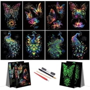 Scratch Paper Art Set for Kids Adults Magic Rainbow Scratchboards for DIY Arts and Crafts Kits Christmas Birthday Gift with Scratching Tools Kit A4-Noctilucent Butterfly + Peacock