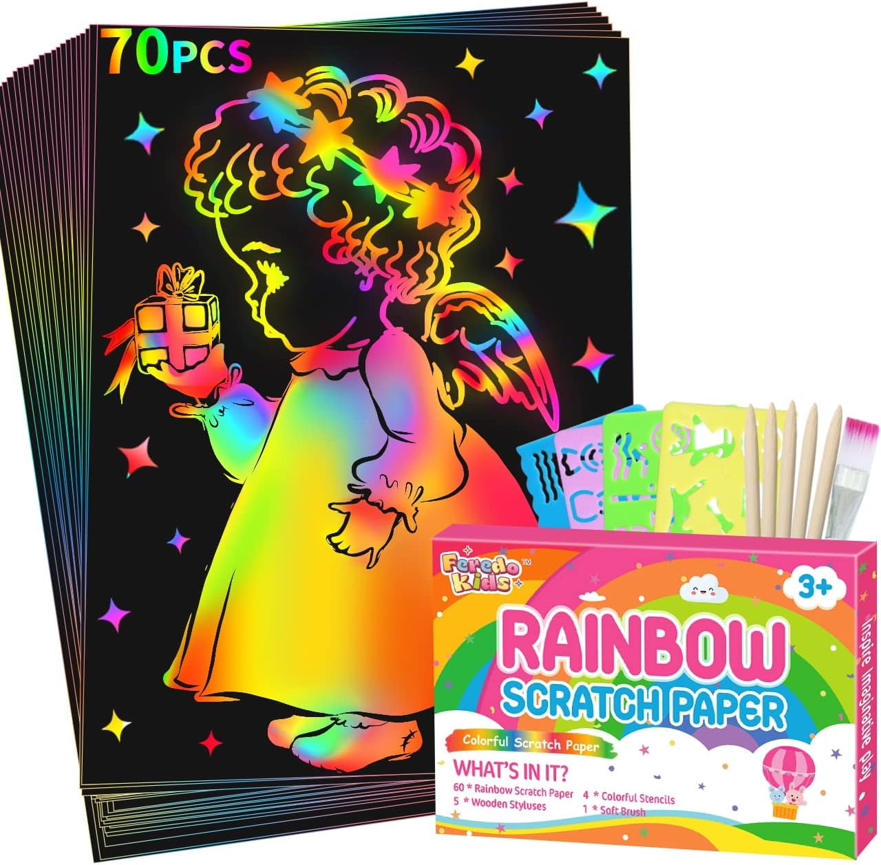 Accrue – Kit De Peinture à La Raclette Arc-en-ciel – 20 Feuilles, 7 Peintures, 6 Stylos, Stickers – Carte Postale Recto-verso