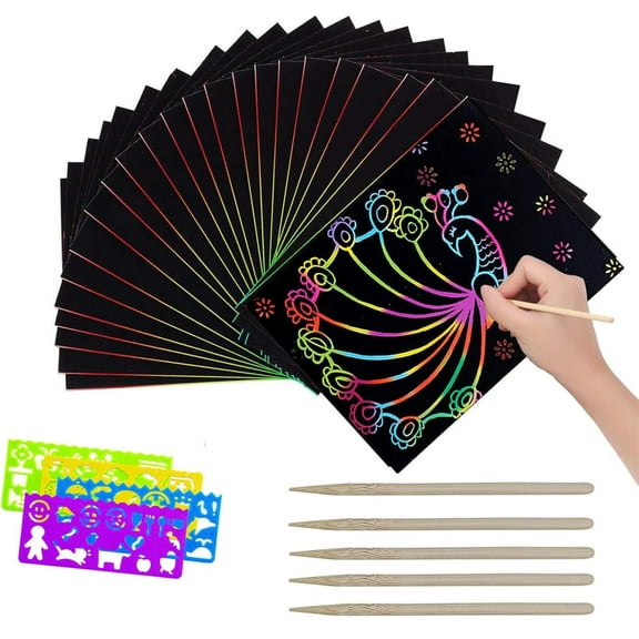Scratch Rainbow Art Paper Set,Happon 50Pcs Art Craft Supplies Kits for Kids,Black Scratch Notes Sheet Rainbow Scratch Paper for DIY Toy Party Favors Christmas Birthday Gift