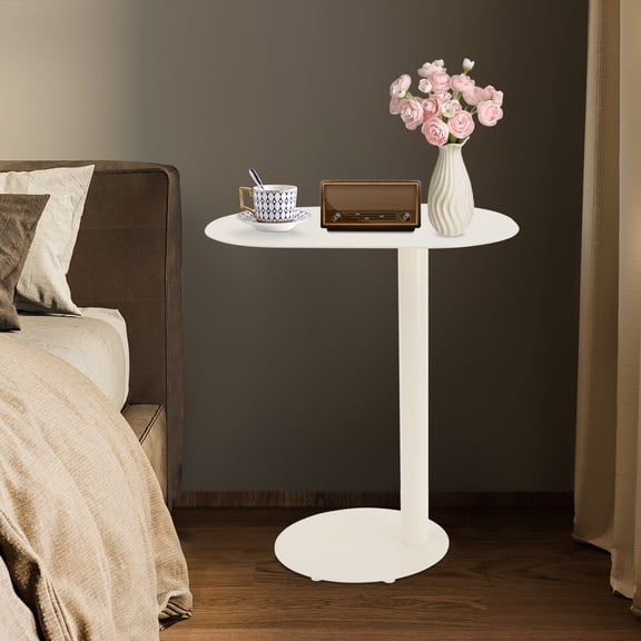 Scratch-Resistant C-Shaped Sofa Table, Cream White Iron Construction, 25in High, Modern Design for Living Room & Office