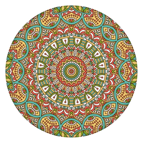 Scratch-Resistant Round Tablecloth with Vintage Traditional Mandala Elastic Edge Waterproof Table Cover for Events