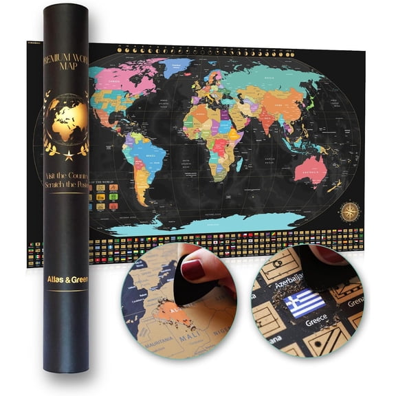 Scratch Off World Map with all U.S States and Flags of the World. Large 28x16.5". Places I've Been Poster Scratch Off Map. World Travel Poster with Accessories and Gift Tube