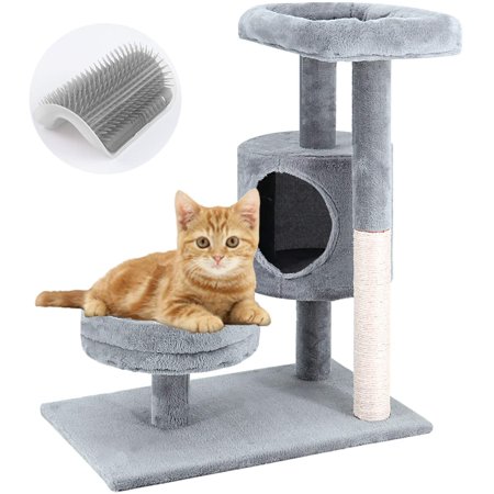 ScratchMe 28" Height Cat Tree Condo with Scratching Post, Cat Tower Pet Play House with Platform and Groomer Brush for All Size Cats, Grey, 1-Pack