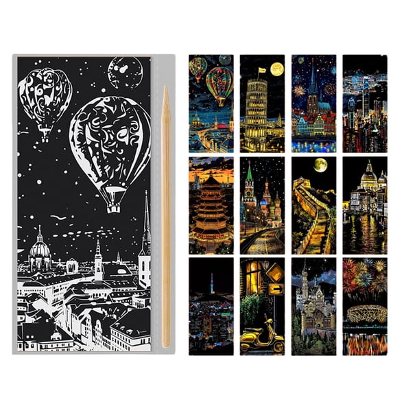 Scratchboard Crafts For Kids And Adults Paper Colorful Engraving Painting Scenario Set 12 Sheets With 1 Tool