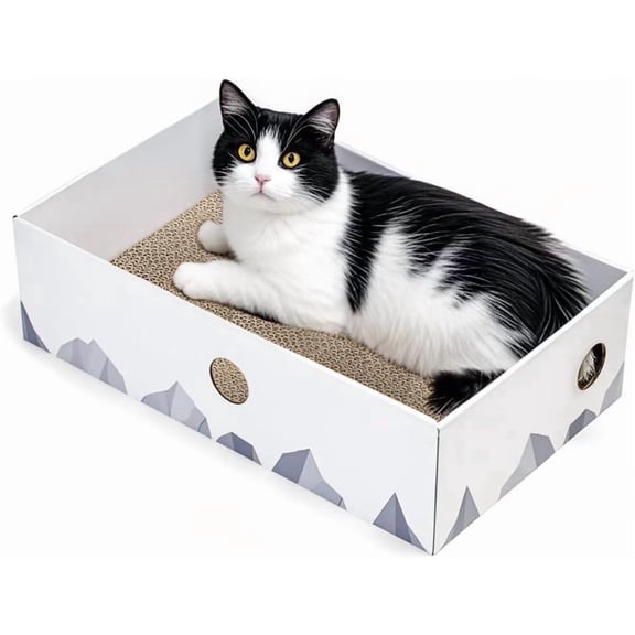 Scratcher Box with Heavy-Duty Double-Sided Cardboard Pad, Cardboard Lounger, Interactive Hole Design, Bed for Indoor Cats, White, Large