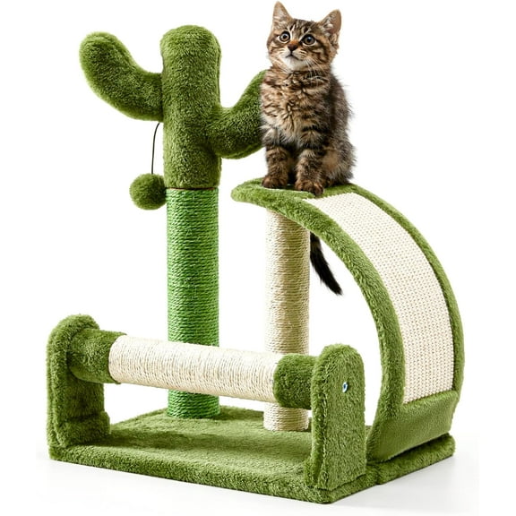 Scratching Post, Cactus Scratcher Tree for Indoor Small Cats, Adult Kitten Scratch Pad with Natural Sisal Ropes, Cute Kitty Nail File Vertical Scratcher with Green Carpet Cover