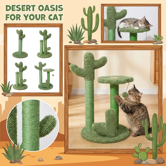 Scratching Post for Cats, Cat Faux Furniture for indoor Cats, Solid Wood Core, Sisal Wrapped, Green Cactus Shape, 1 Pc, Cat Accessories for indoor Cats, Claw Grooming