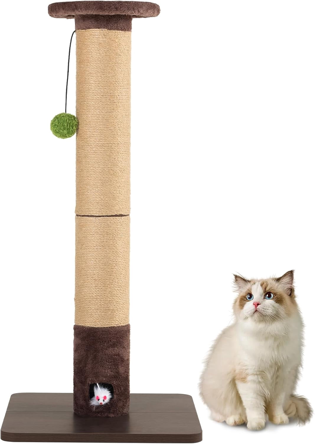 Scratching Post for Indoor Cats Adults – 33." Tall  Sisal Scratcher with Interactive Mouse Hole, Sturdy Furniture Board Base