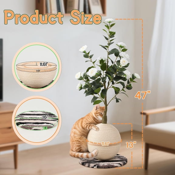 Scratching Post with Artificial Camellia Tree and Sisal Rope Ball, Modern Flower Decor for Indoor Cats