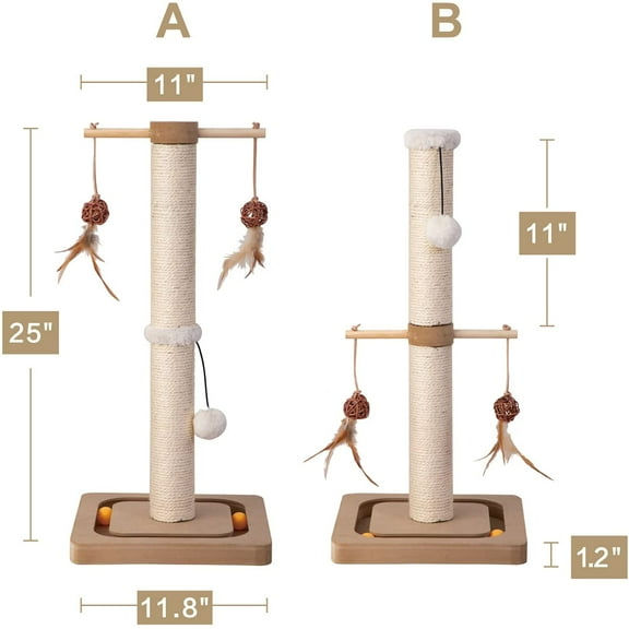 Scratching Post with Interactive Toys - 25 Inches Beige, Sturdy Sisal Scratcher for Indoor Cats and Kittens