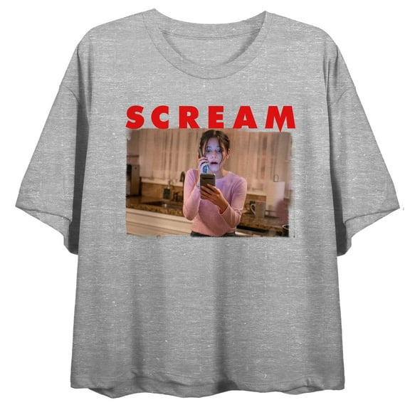 Scream 5 Tara Screenshot Crew Neck Short Sleeve Gray Heather Women's Crop Top-Medium