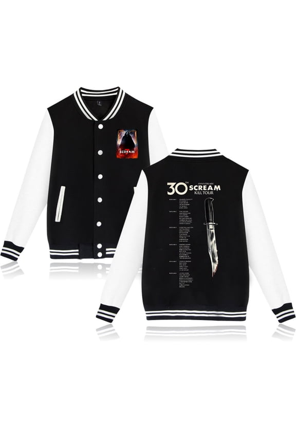 Scream 7 30th Anniversary of Scream Kill Tour 2026 Print Baseball Jacket - Unisex Long Sleeve Coat, Casual Streetwear Top for Movie Fans